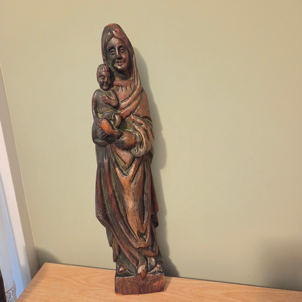 Vintage Hand Carved Wood Virgin Mary Baby Jesus Statue Madonna Child 16.5 Inch